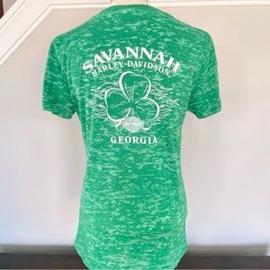 Vintage Harley Davidson Women’s Green St. Patrick's Day V-Neck Tee Savannah